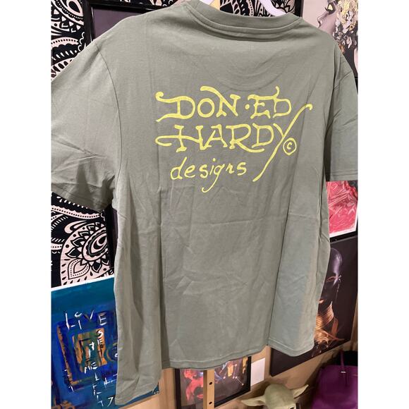 Ed Hardy Y2K Streetwear Dragon Panther Tattoo Short Sleeve Tee Olive Medium - Picture 7 of 7